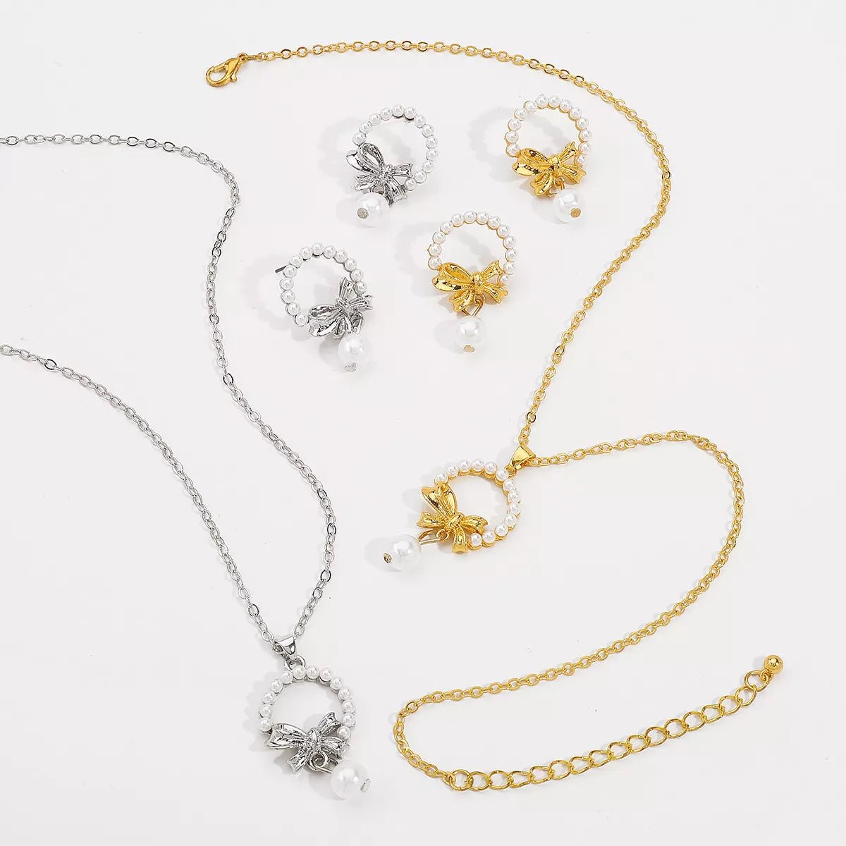 Bowknot Pearl Earrings and Pendant Necklace Jewelry Set - MAD RUFFI