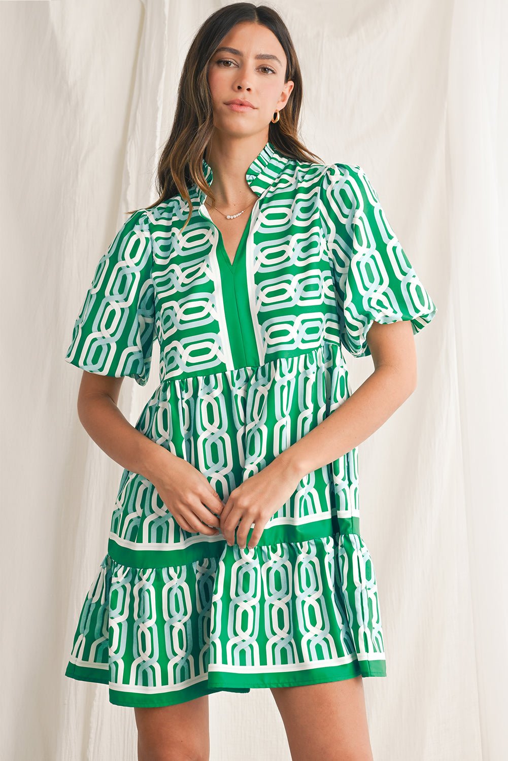 Bright Green Abstract Print Puff Sleeve Pop of Color Neckline Dress - MAD RUFFI