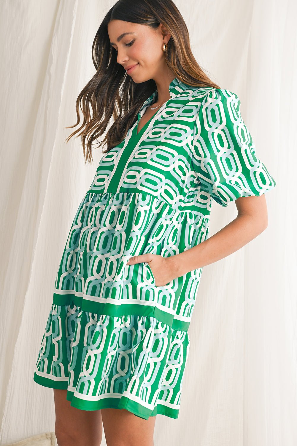 Bright Green Abstract Print Puff Sleeve Pop of Color Neckline Dress - MAD RUFFI