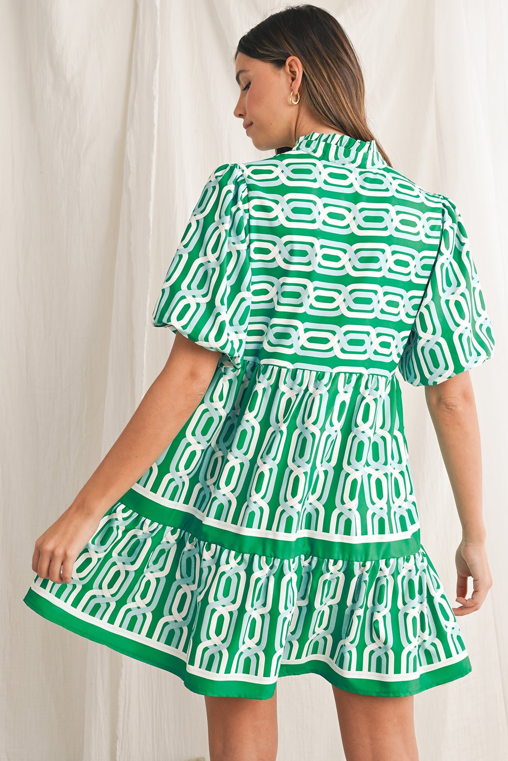 Bright Green Abstract Print Puff Sleeve Pop of Color Neckline Dress - MAD RUFFI