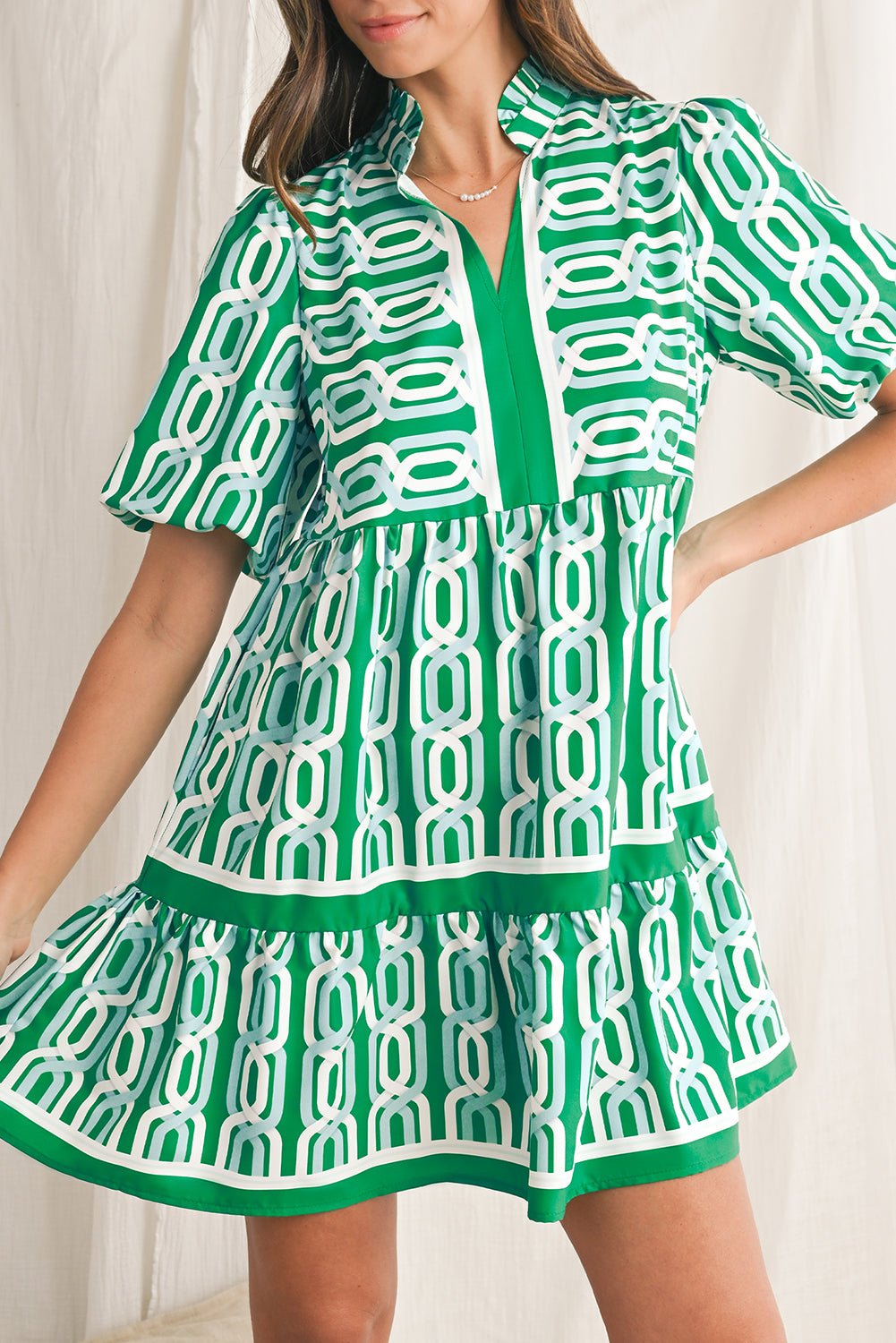 Bright Green Abstract Print Puff Sleeve Pop of Color Neckline Dress - MAD RUFFI