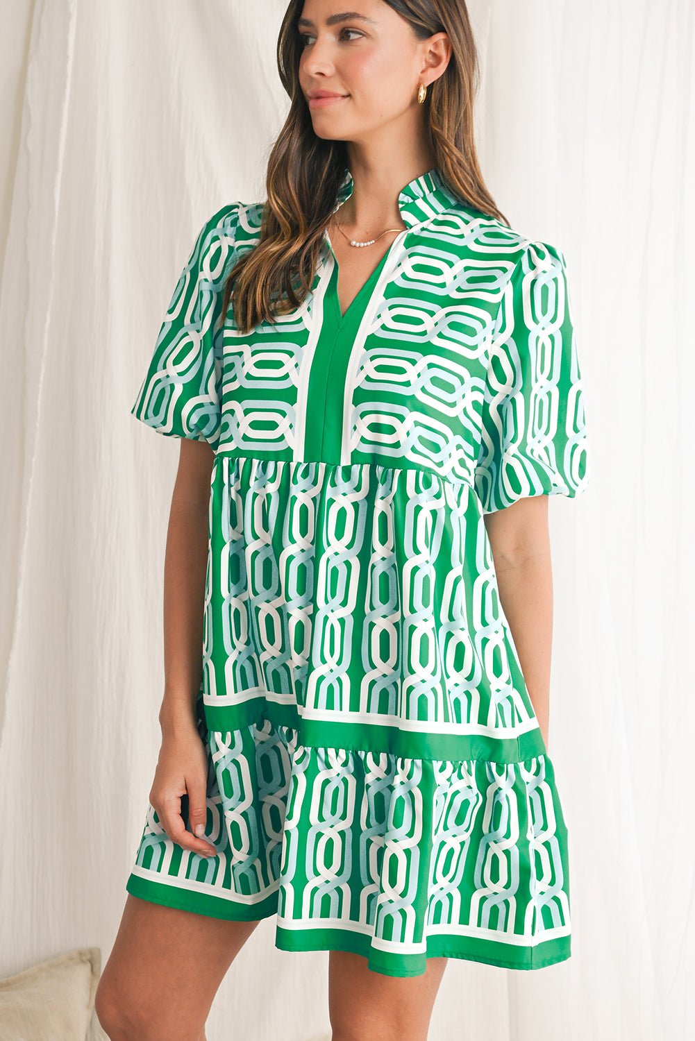 Bright Green Abstract Print Puff Sleeve Pop of Color Neckline Dress - MAD RUFFI