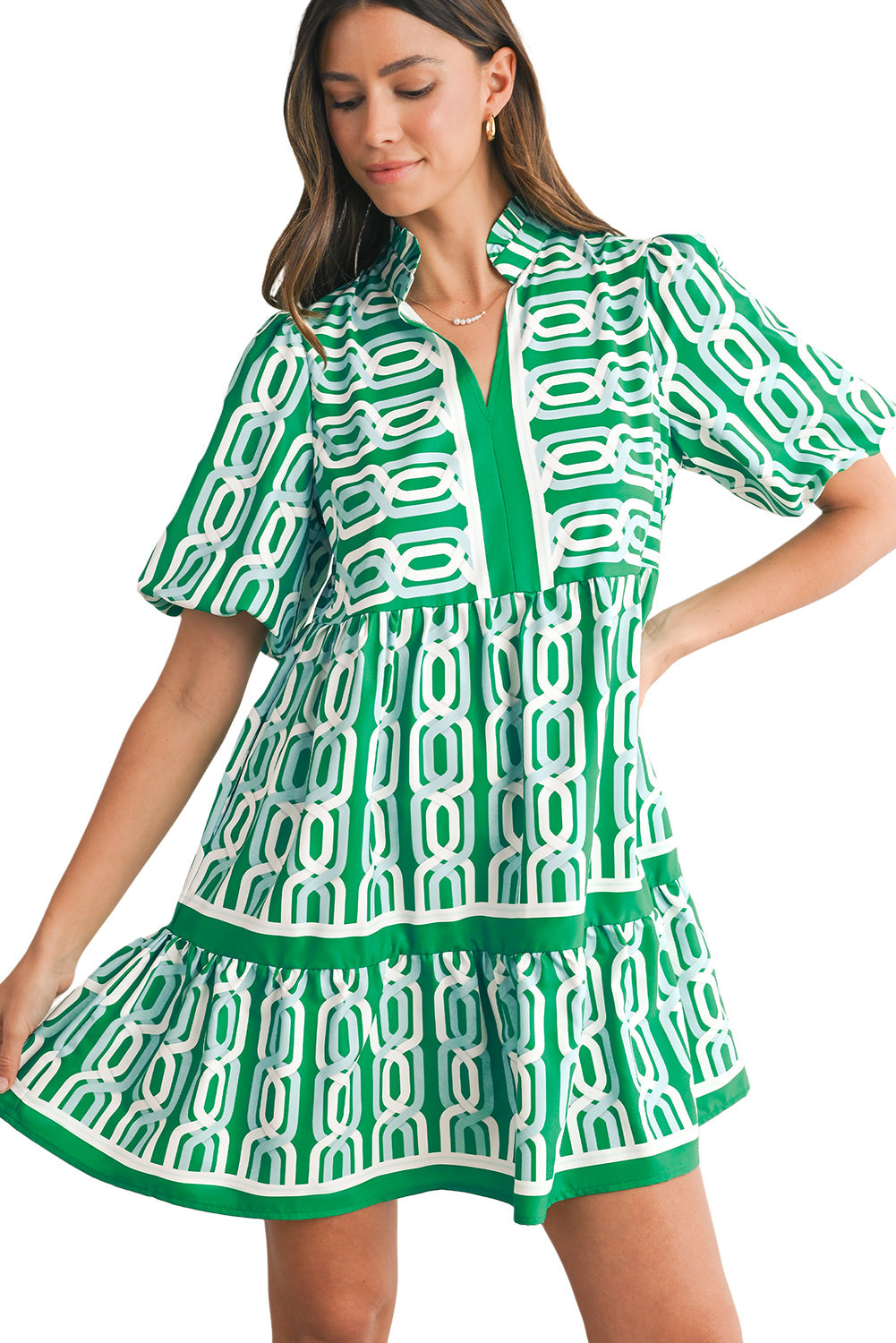 Bright Green Abstract Print V-Neck Puff Sleeve Mini Dress - MAD RUFFI