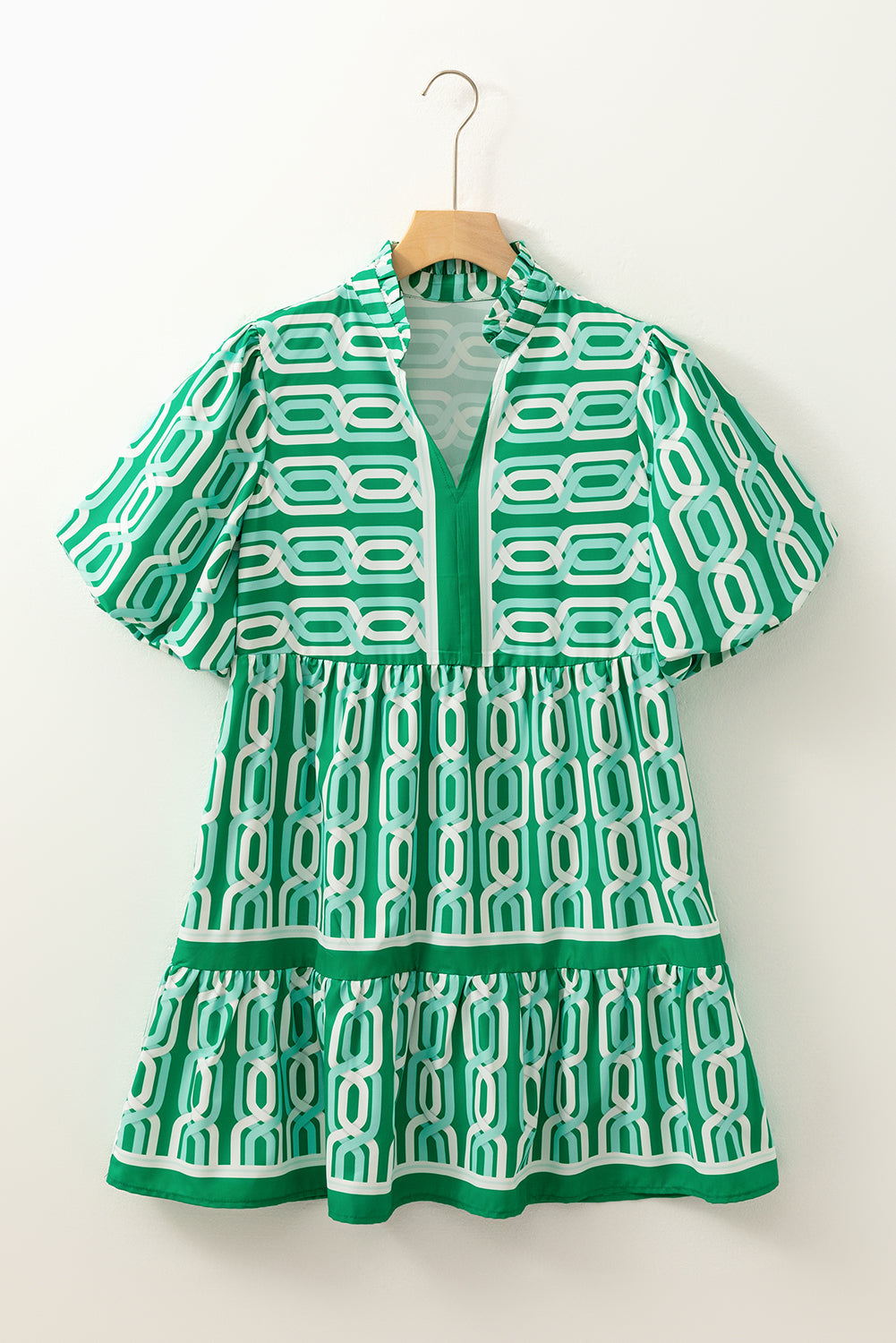 Bright Green Abstract Print V-Neck Puff Sleeve Mini Dress - MAD RUFFI