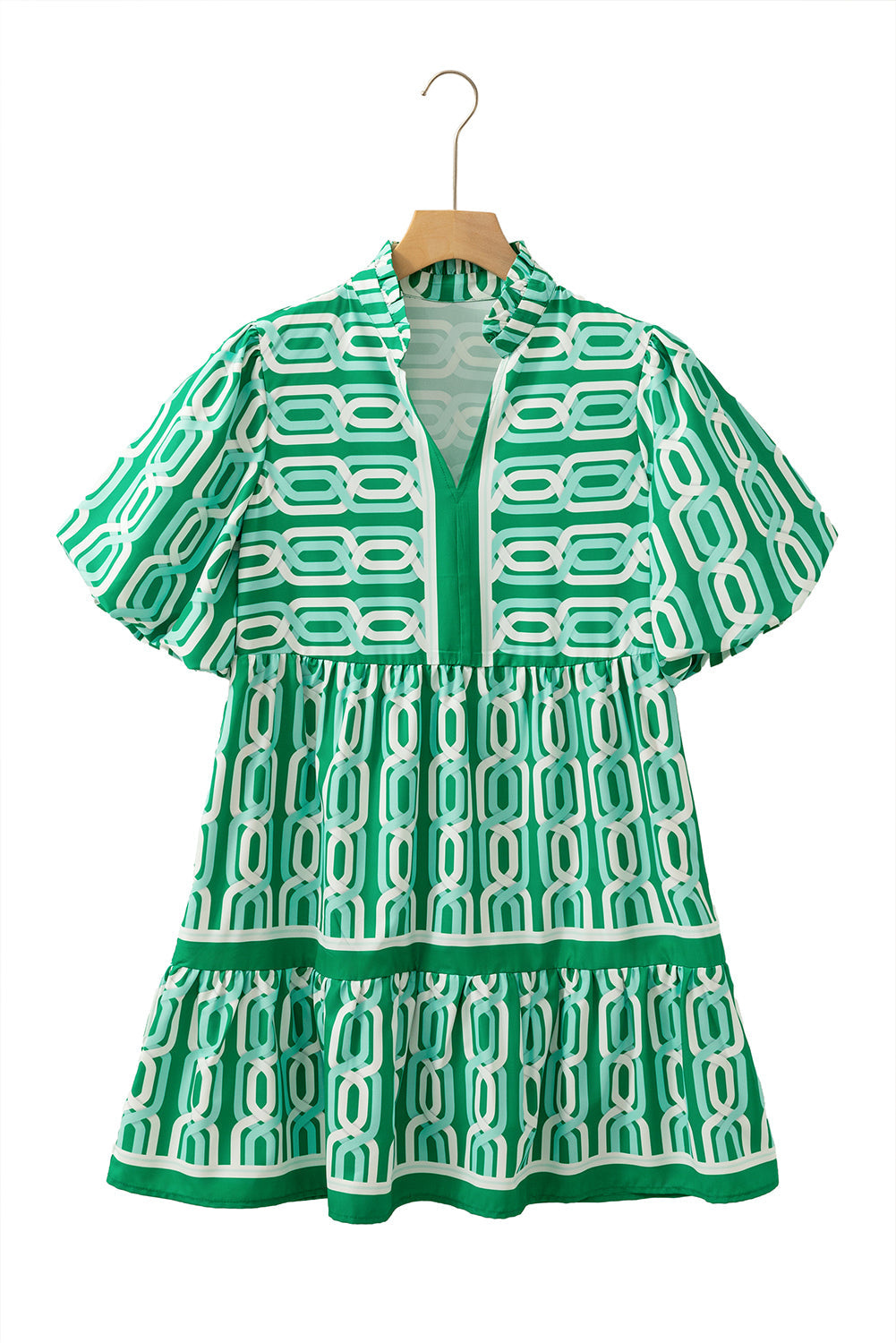 Bright Green Abstract Print V-Neck Puff Sleeve Mini Dress - MAD RUFFI