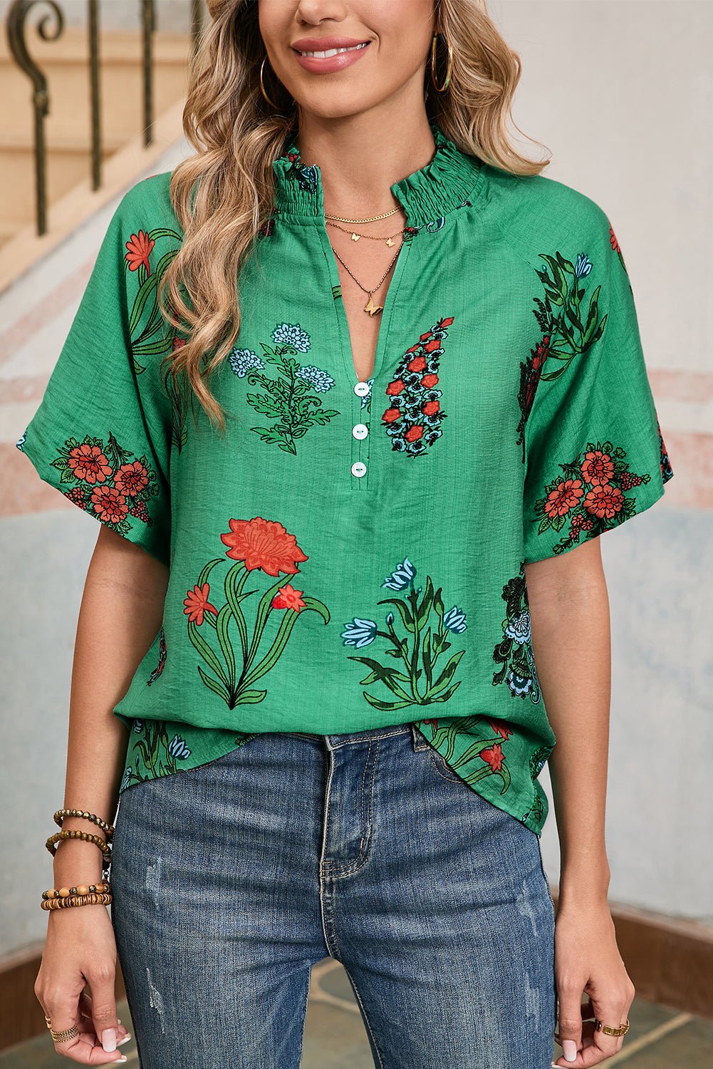 Bright Green Floral Button V - Neck Blouse - MAD RUFFI