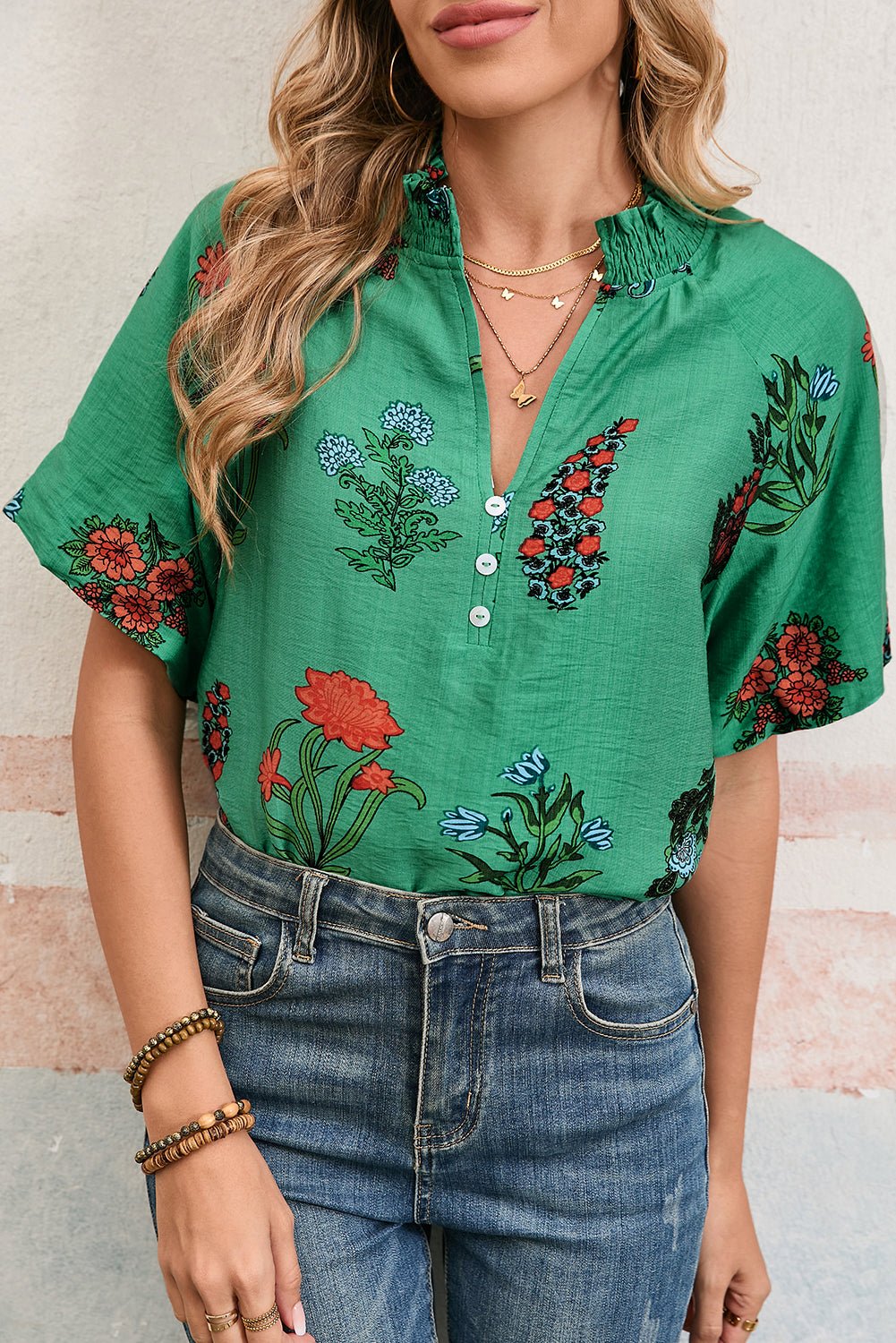 Bright Green Floral Button V - Neck Blouse - MAD RUFFI
