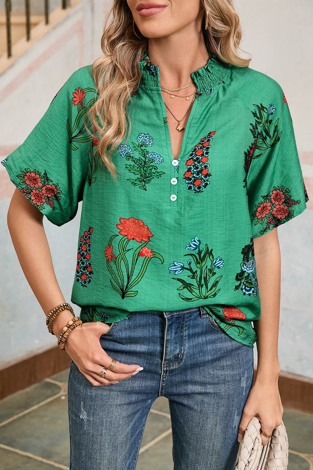 Bright Green Floral Button V - Neck Blouse - MAD RUFFI