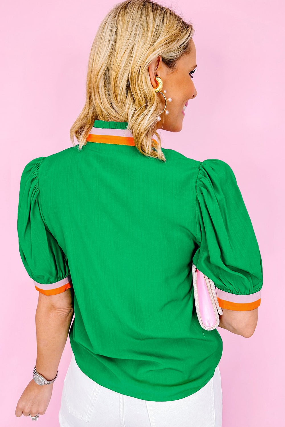 Bright Green Puff Sleeve Pop of Color Neckline Blouse - MAD RUFFI