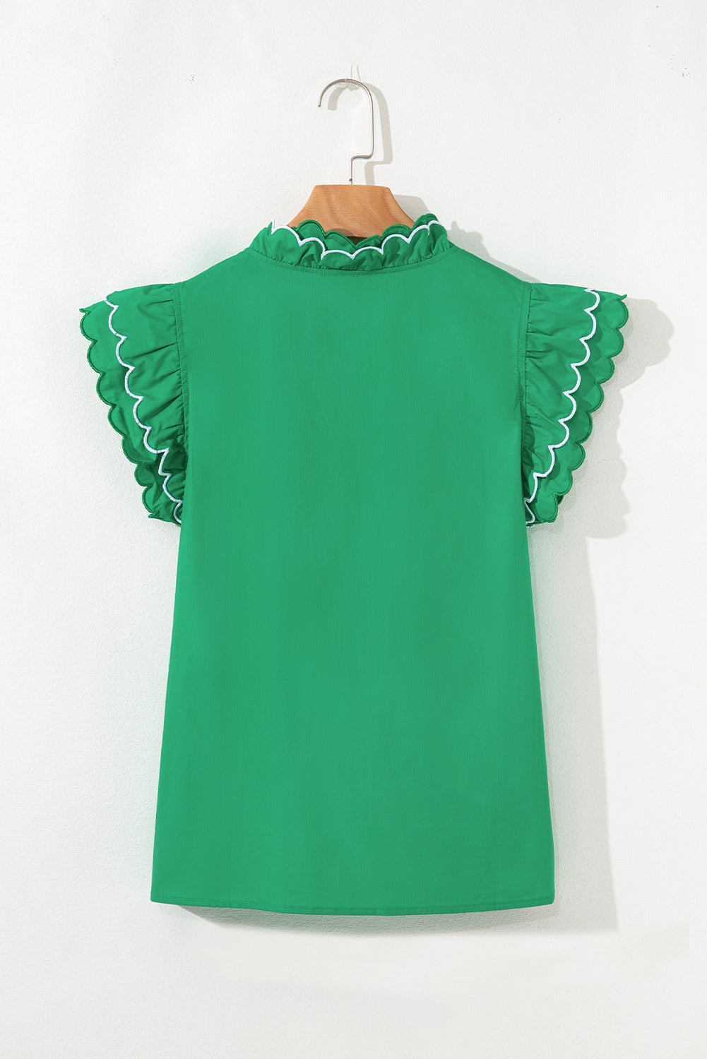Bright Green Scallop Trim V Neck Layered Short Sleeve Blouse - MAD RUFFI