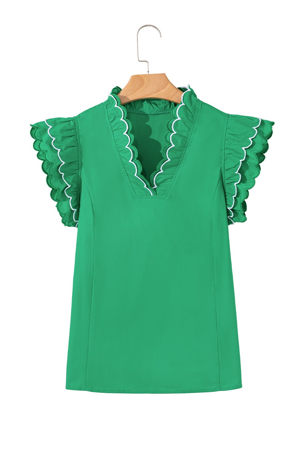Bright Green Scallop Trim V Neck Layered Short Sleeve Blouse - MAD RUFFI