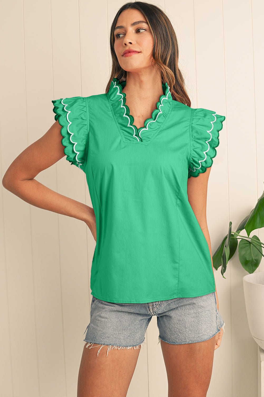 Bright Green Scallop Trim V Neck Layered Short Sleeve Blouse - MAD RUFFI