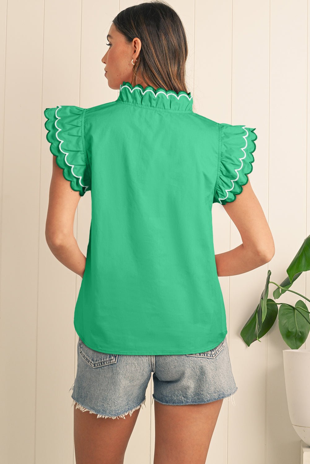 Bright Green Scallop Trim V Neck Layered Short Sleeve Blouse - MAD RUFFI