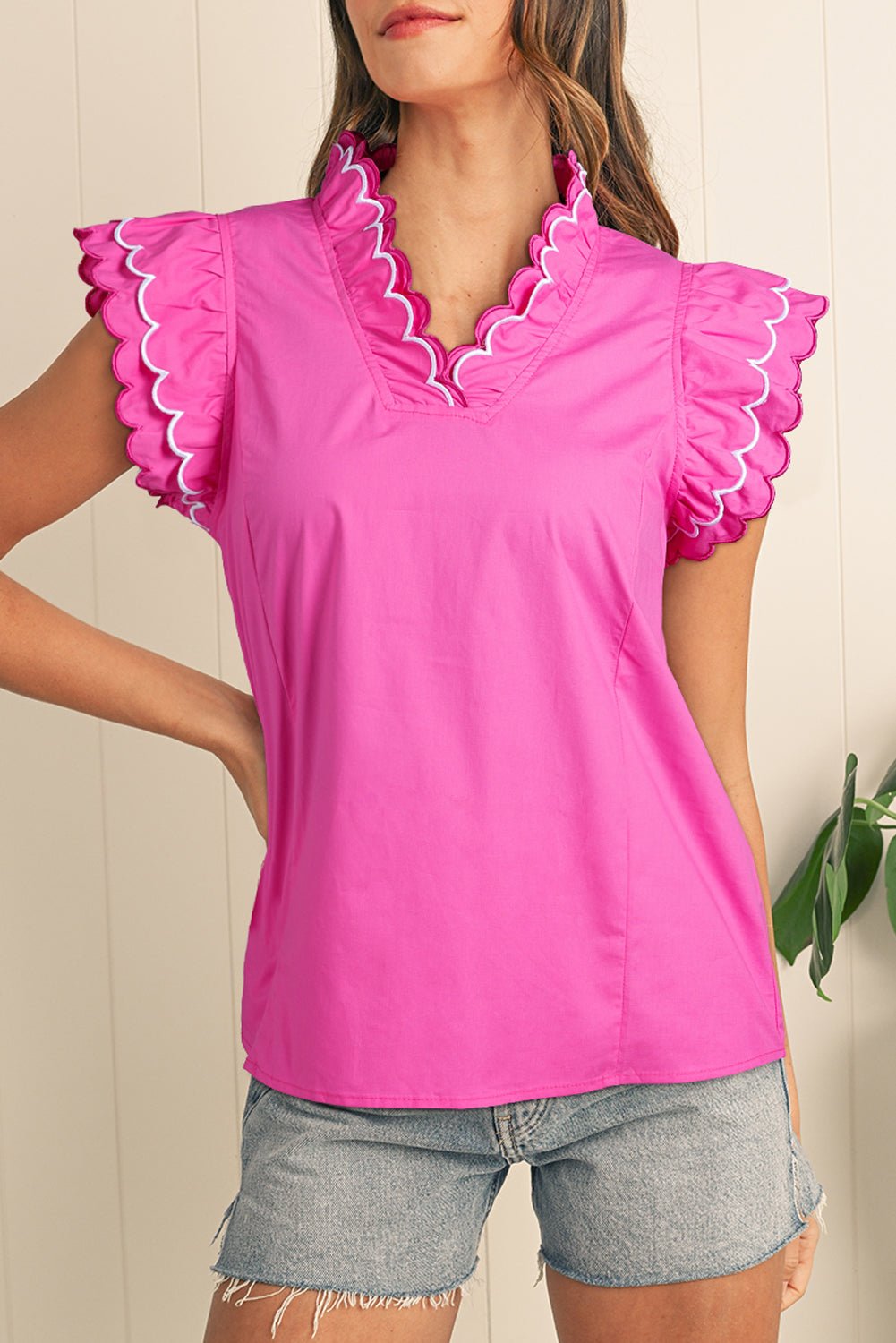 Bright Green Scallop Trim V Neck Layered Short Sleeve Blouse - MAD RUFFI