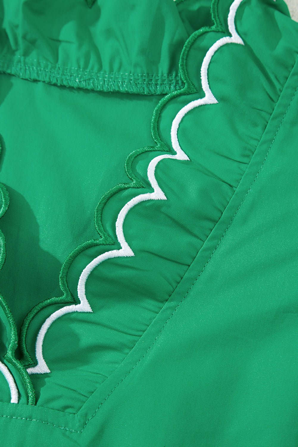 Bright Green Scallop Trim V Neck Layered Short Sleeve Blouse - MAD RUFFI