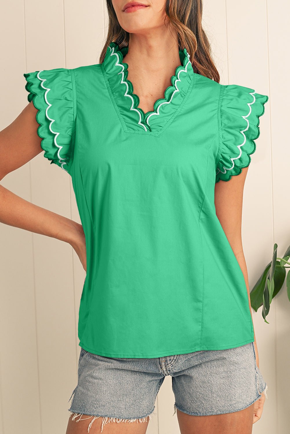 Bright Green Scallop Trim V Neck Layered Short Sleeve Blouse - MAD RUFFI