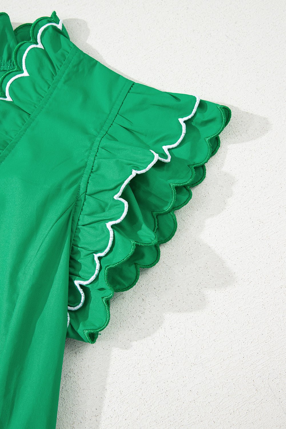 Bright Green Scallop Trim V Neck Layered Short Sleeve Blouse - MAD RUFFI