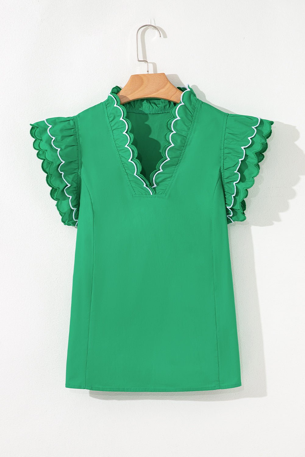 Bright Green Scallop Trim V Neck Layered Short Sleeve Blouse - MAD RUFFI