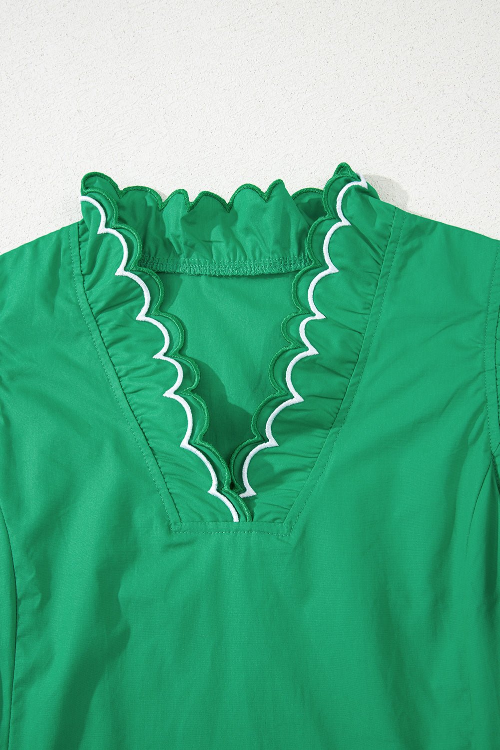 Bright Green Scallop Trim V Neck Layered Short Sleeve Blouse - MAD RUFFI