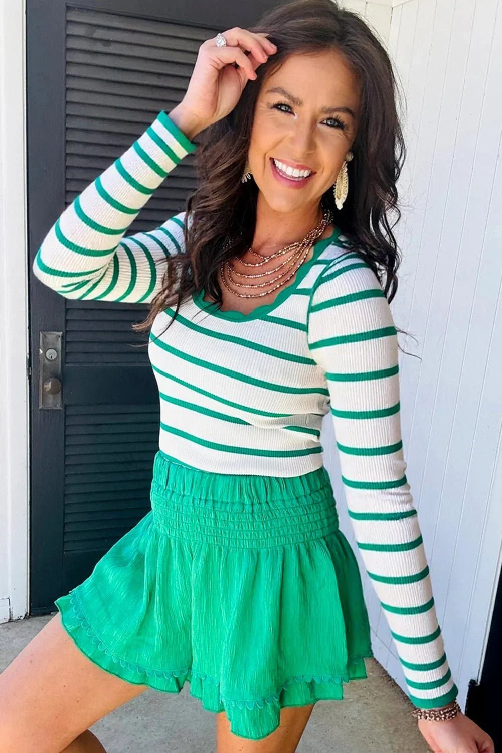 Bright Green Scalloped Edge Striped Long Sleeve Sweater - MAD RUFFI