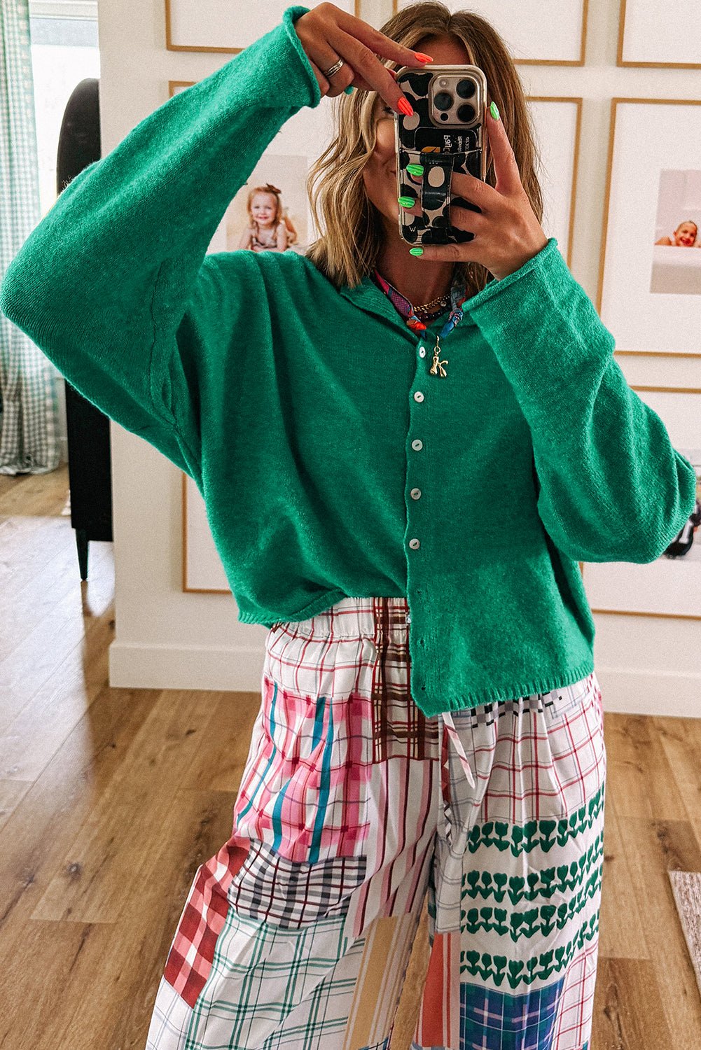 Bright Green Solid Color Button Drop Shoulder Knit Cardigan - MAD RUFFI