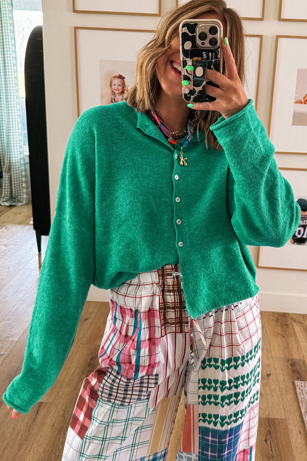 Bright Green Solid Color Button Drop Shoulder Knit Cardigan - MAD RUFFI