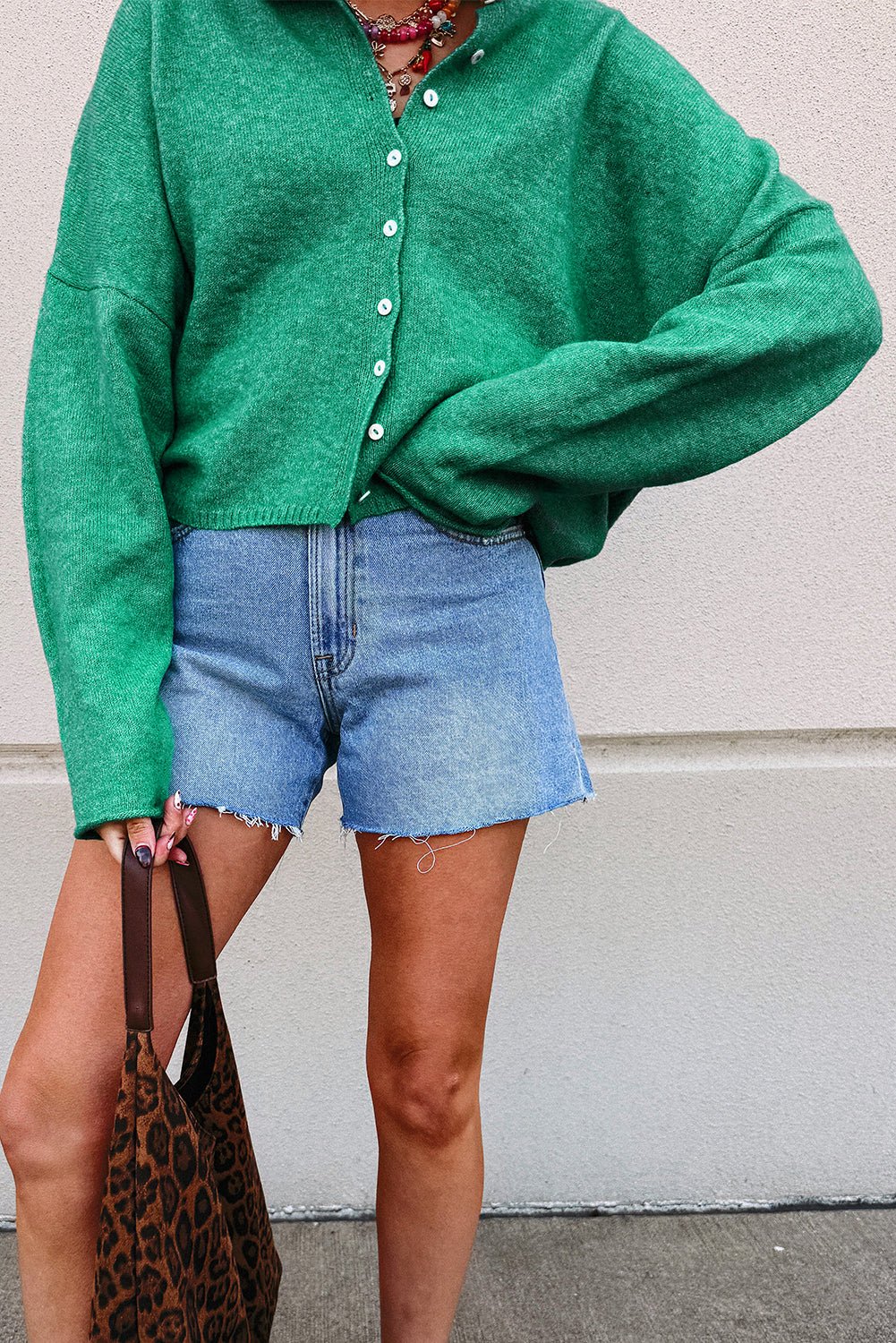 Bright Green Solid Color Button Drop Shoulder Knit Cardigan - MAD RUFFI