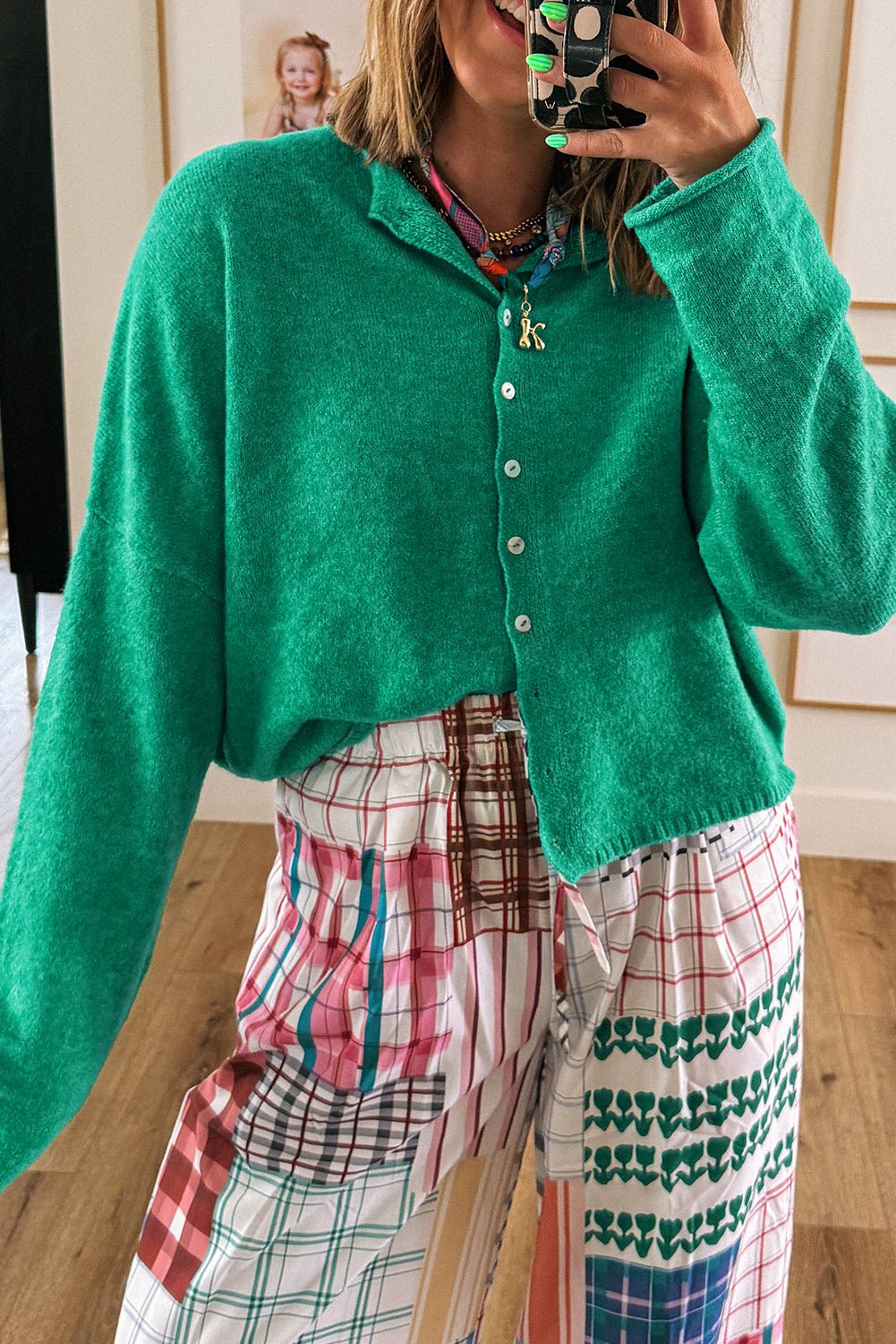 Bright Green Solid Color Button Drop Shoulder Knit Cardigan - MAD RUFFI