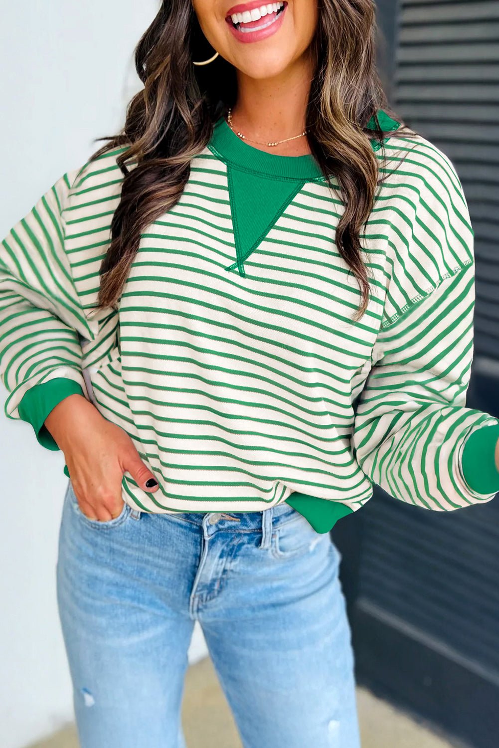 Bright Green Striped Contrast Trim Long Sleeve Top - MAD RUFFI
