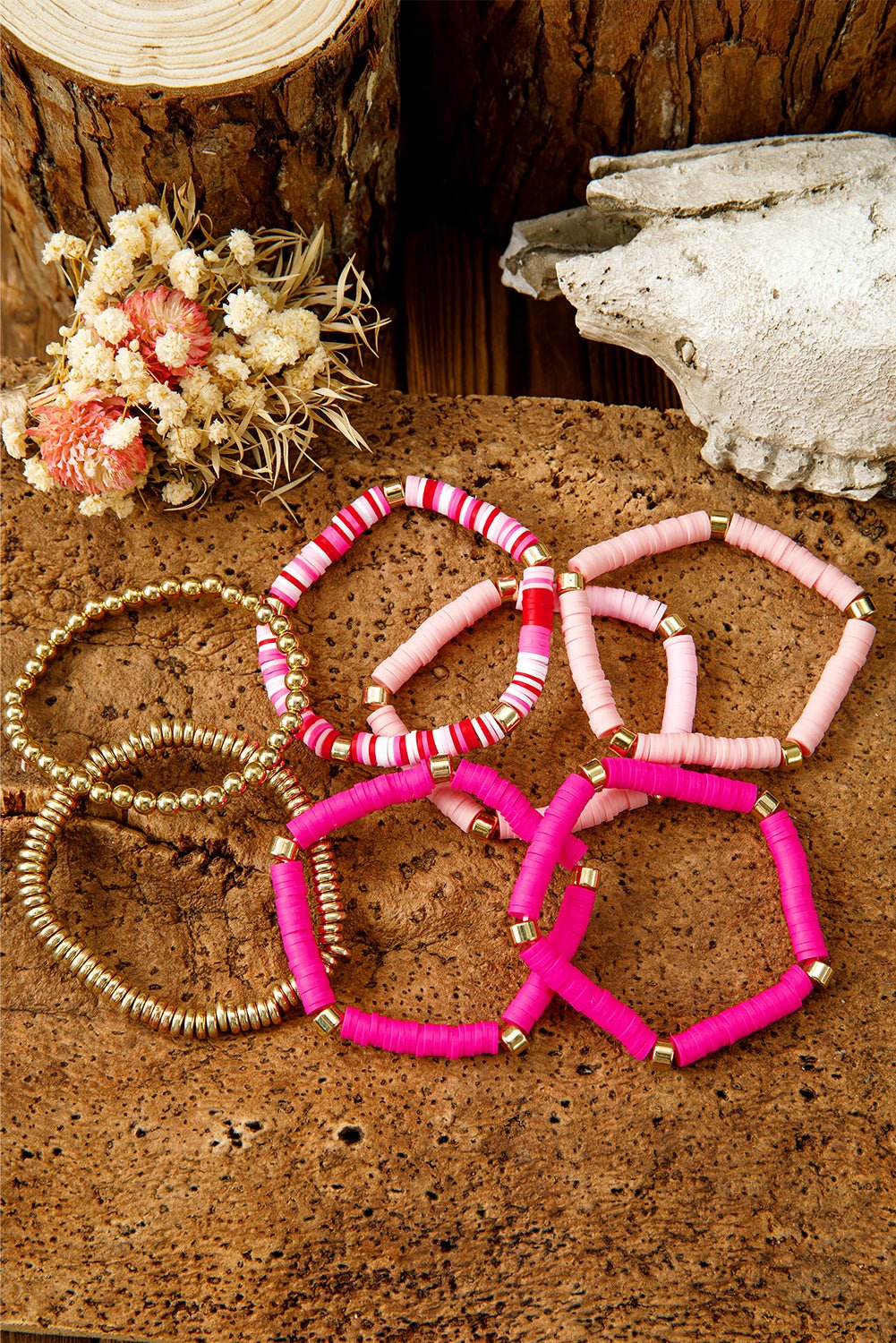 Bright Pink 7pcs Color Block Beaded Bracelet Set - MAD RUFFI