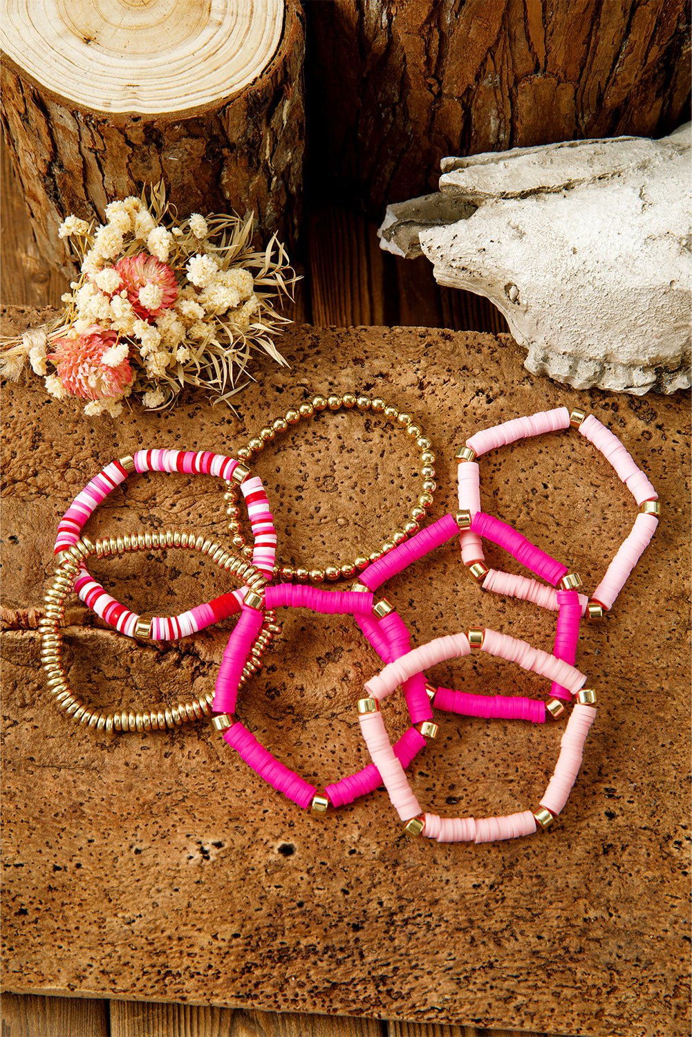 Bright Pink 7pcs Color Block Beaded Bracelet Set - MAD RUFFI