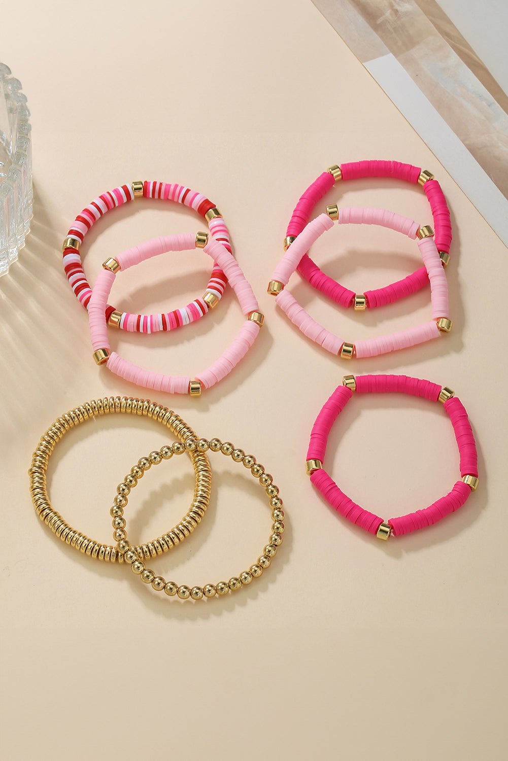 Bright Pink 7pcs Color Block Beaded Bracelet Set - MAD RUFFI
