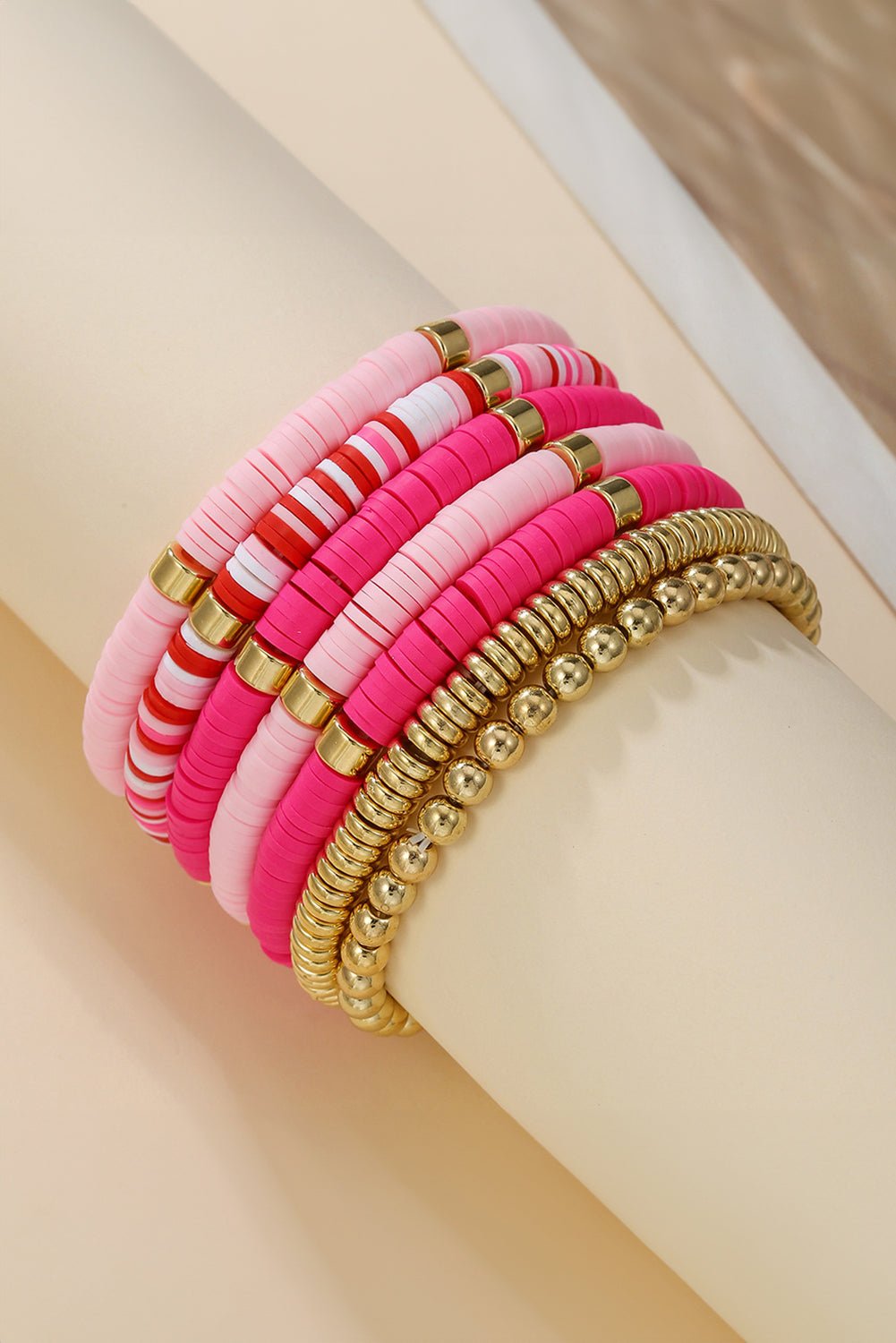 Bright Pink 7pcs Color Block Beaded Bracelet Set - MAD RUFFI