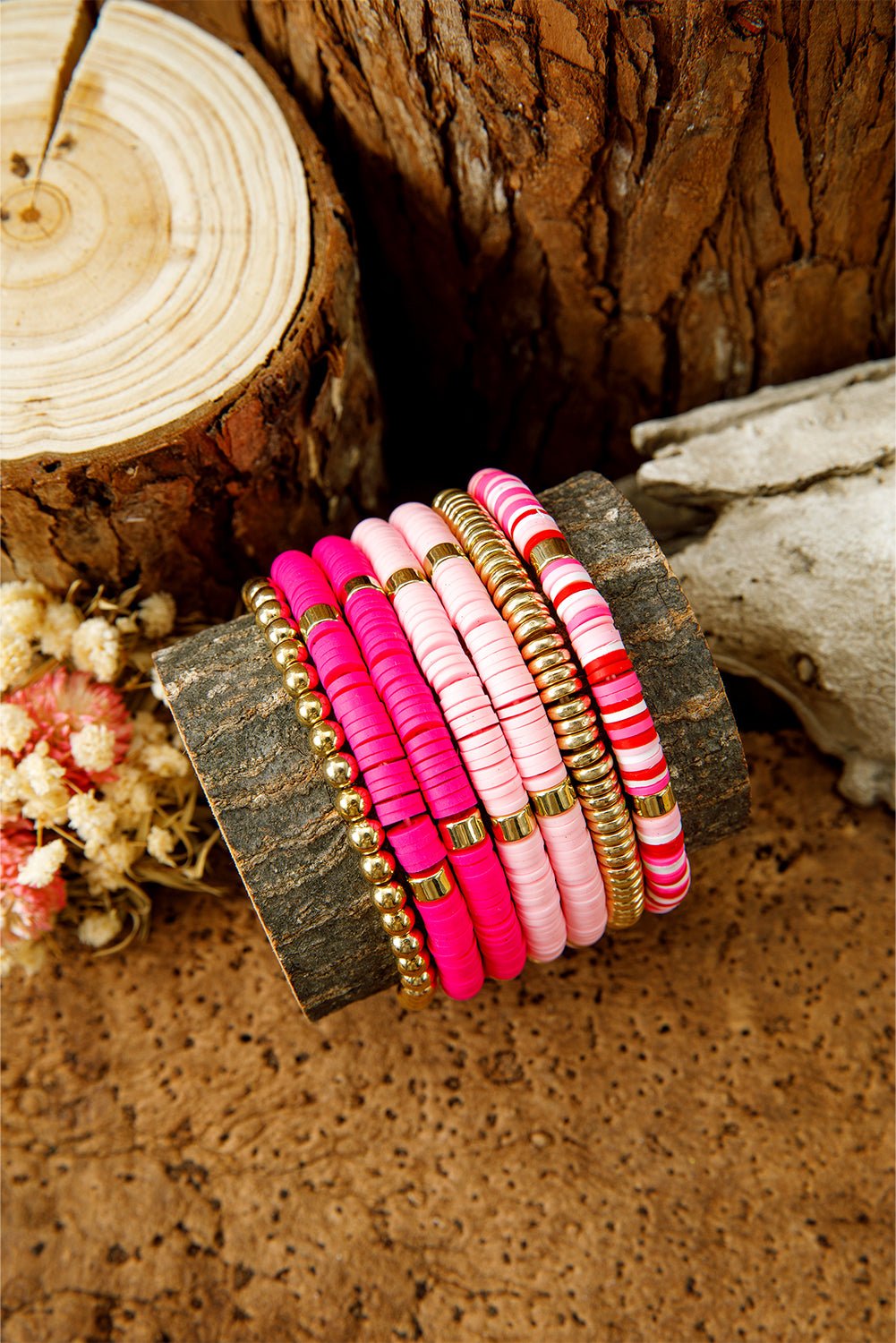 Bright Pink 7pcs Color Block Beaded Bracelet Set - MAD RUFFI