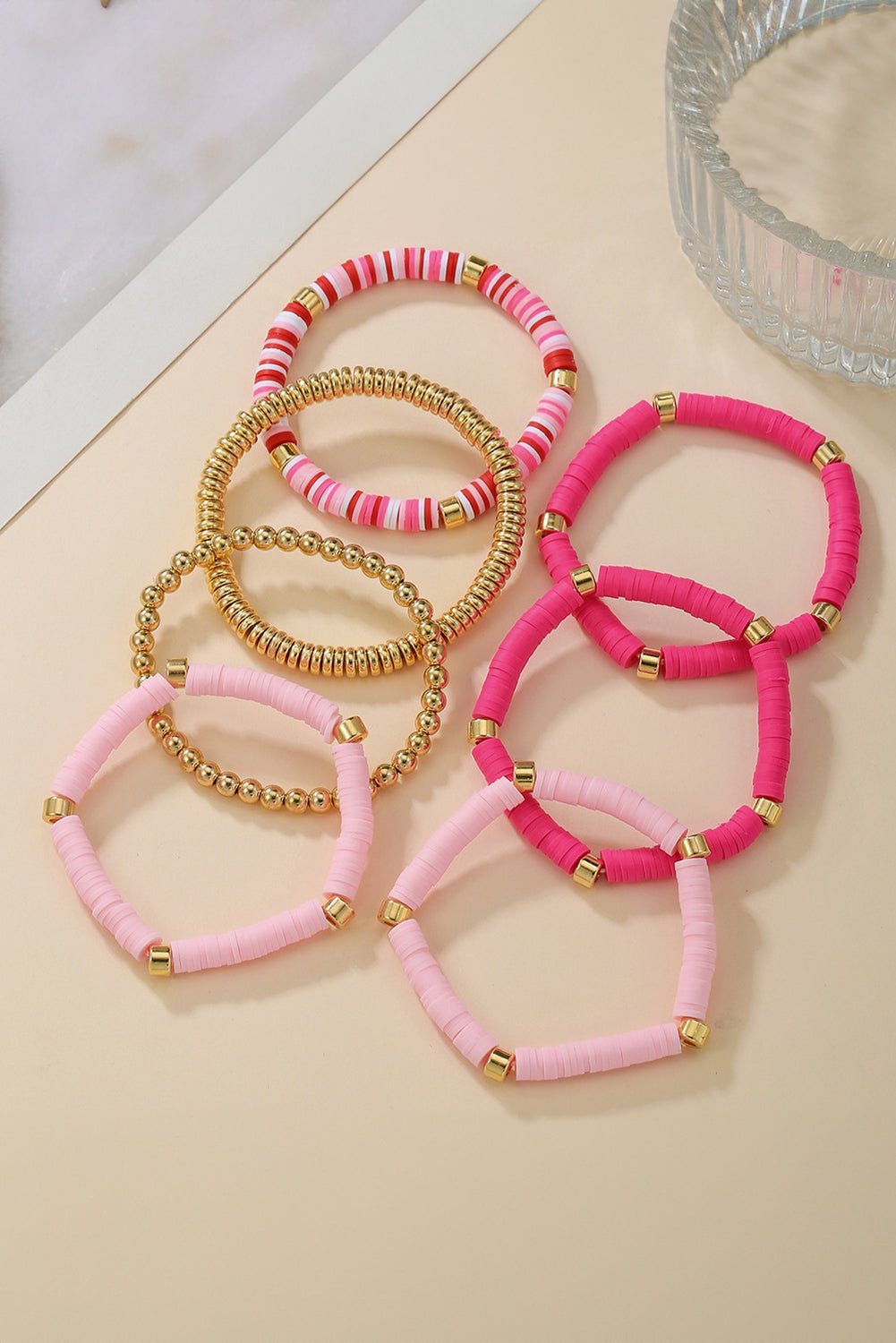 Bright Pink 7pcs Color Block Beaded Bracelet Set - MAD RUFFI