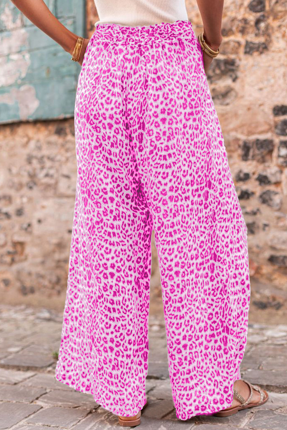 Bright Pink Boho Leopard Print Wide Leg Pants - MAD RUFFI