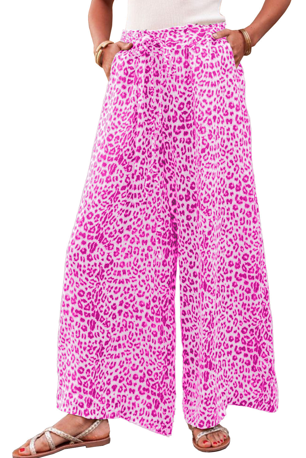 Bright Pink Boho Leopard Print Wide Leg Pants - MAD RUFFI