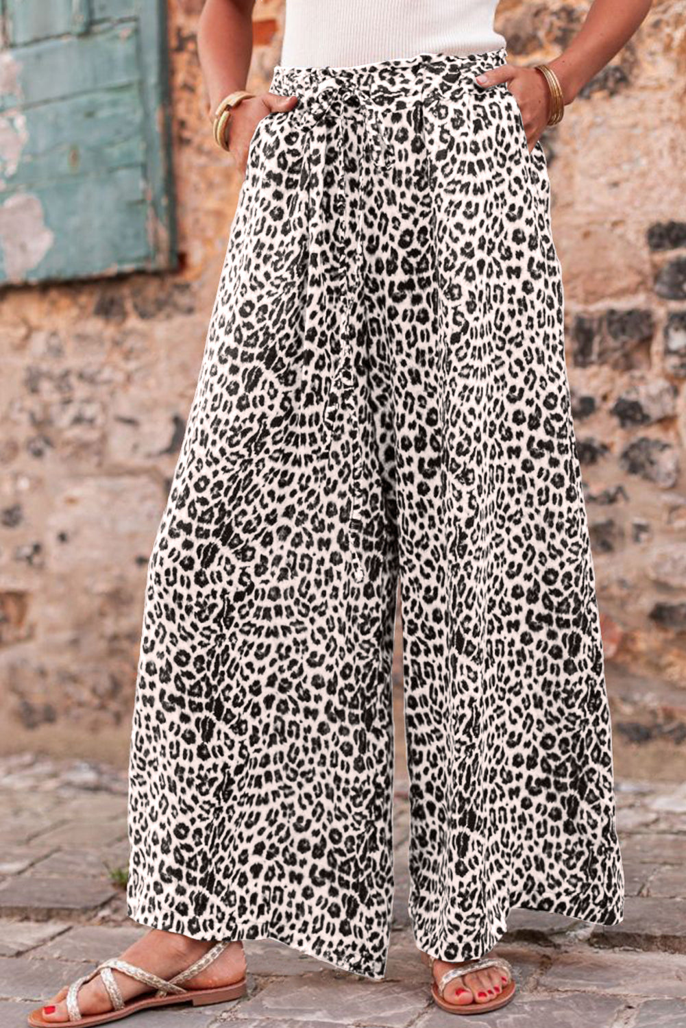 Bright Pink Boho Leopard Print Wide Leg Pants - MAD RUFFI