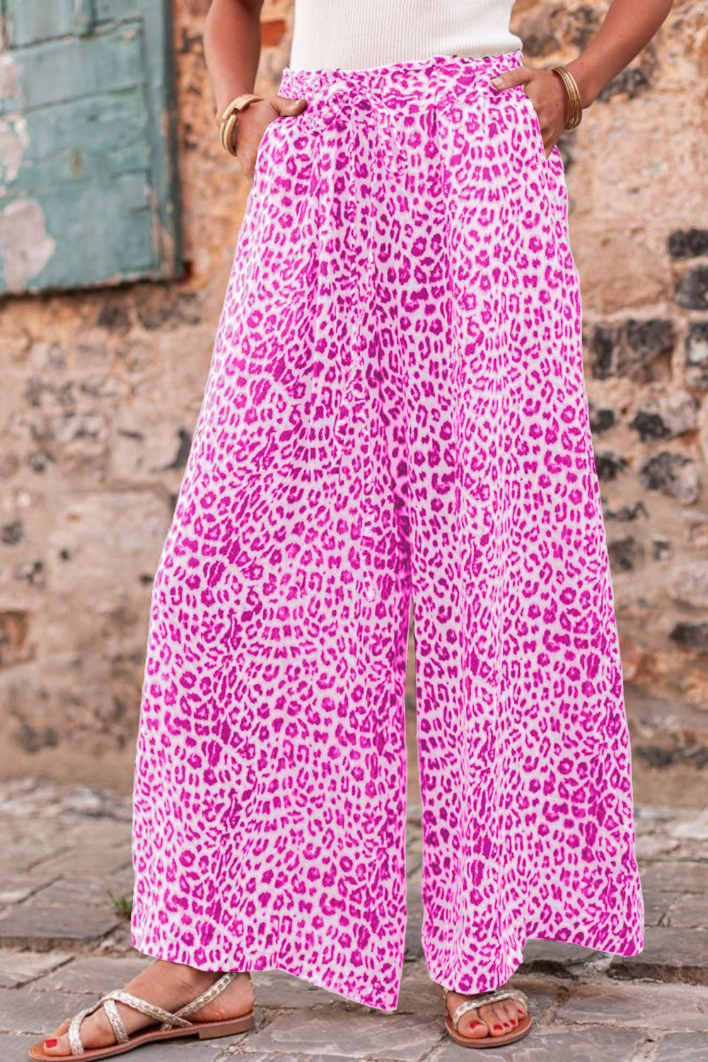 Bright Pink Boho Leopard Print Wide Leg Pants - MAD RUFFI