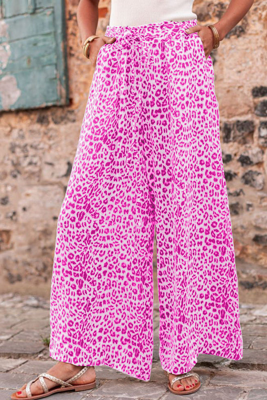 Bright Pink Boho Leopard Print Wide Leg Pants - MAD RUFFI