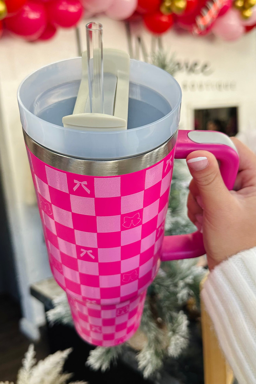 Bright Pink Checkered Bow Print Tumbler Cup - MAD RUFFI