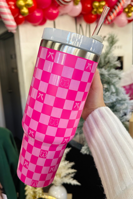 Bright Pink Checkered Bow Print Tumbler Cup - MAD RUFFI