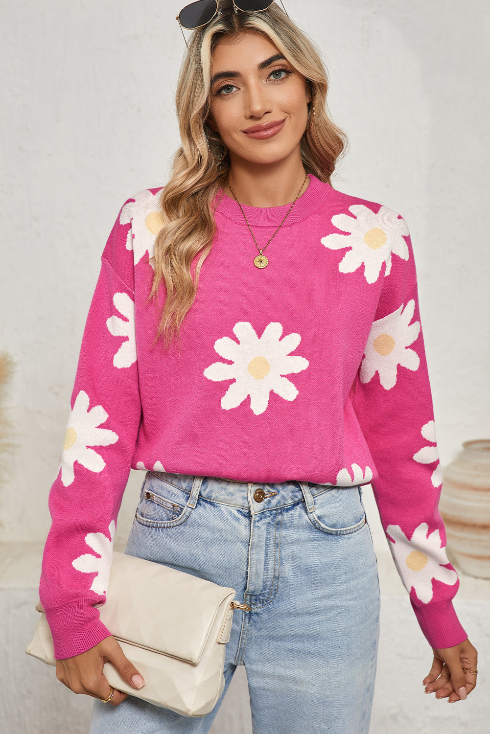 Bright Pink Daisy Ribbed Hem Sweater - MAD RUFFI