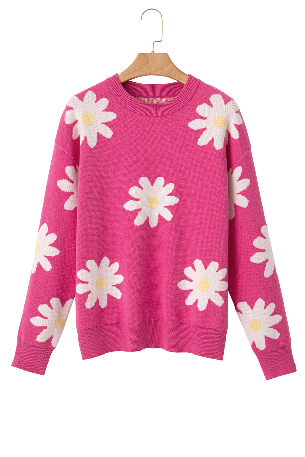 Bright Pink Daisy Ribbed Hem Sweater - MAD RUFFI