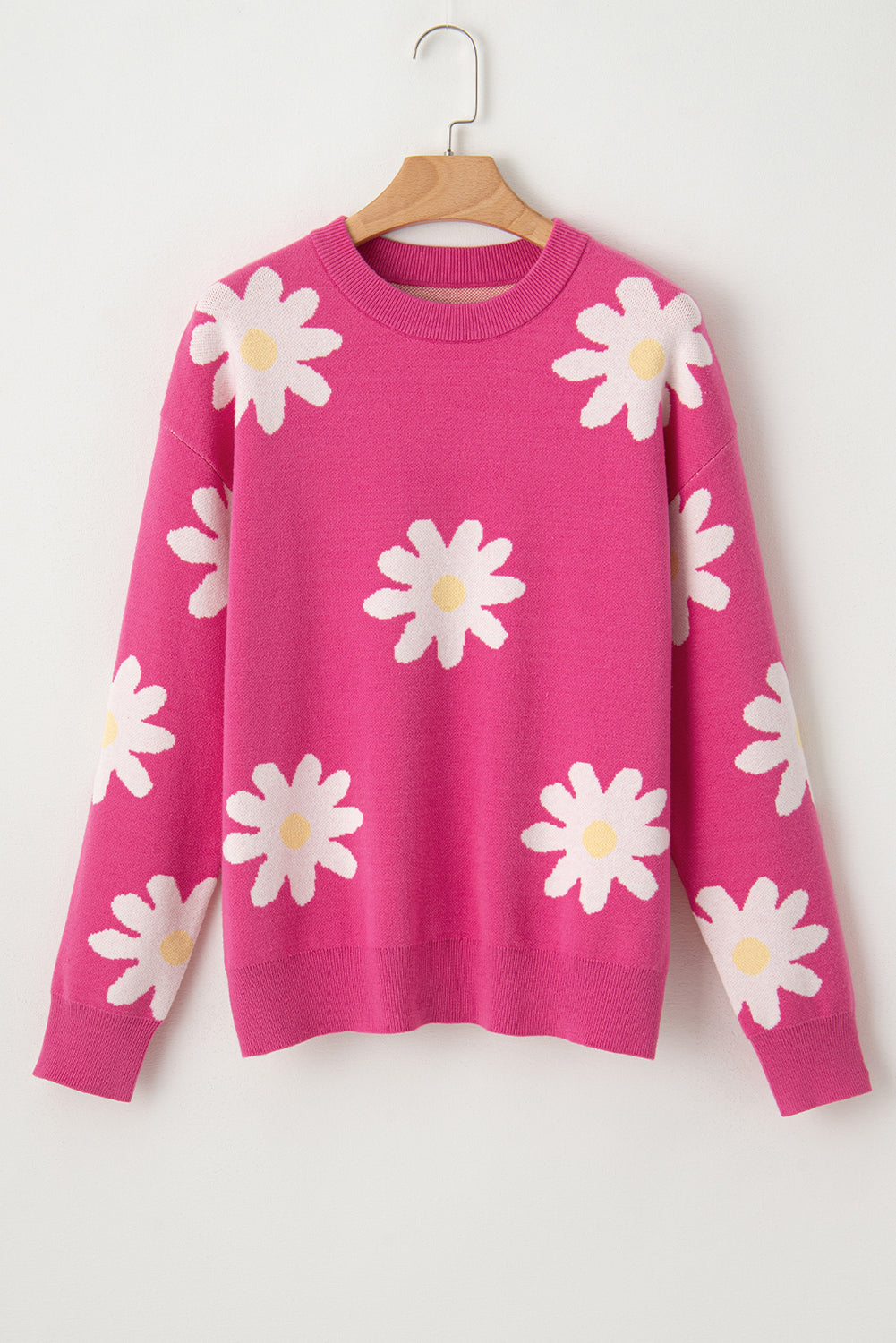 Bright Pink Daisy Ribbed Hem Sweater - MAD RUFFI