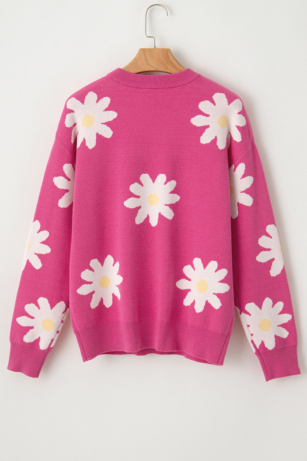 Bright Pink Daisy Ribbed Hem Sweater - MAD RUFFI