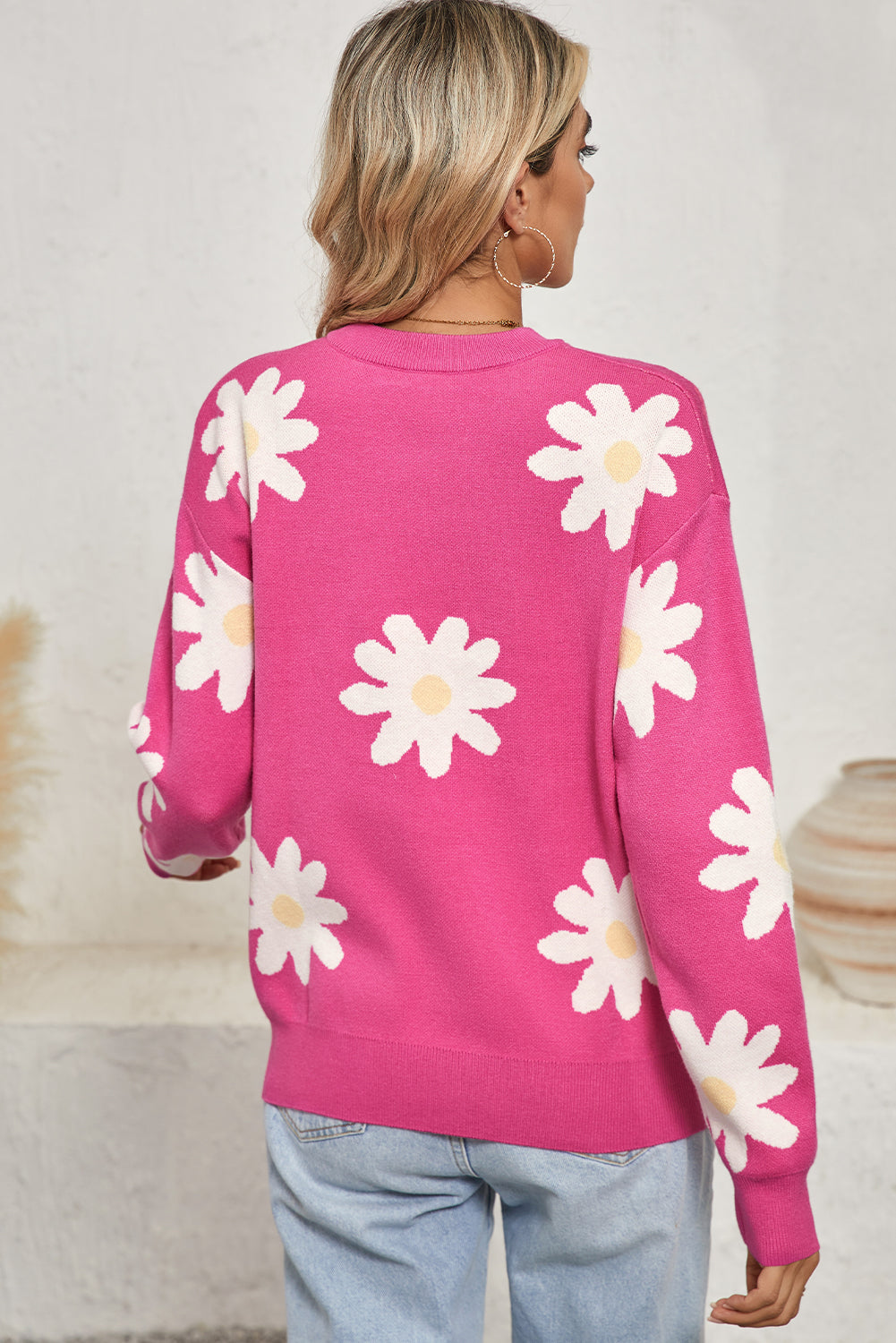 Bright Pink Daisy Ribbed Hem Sweater - MAD RUFFI