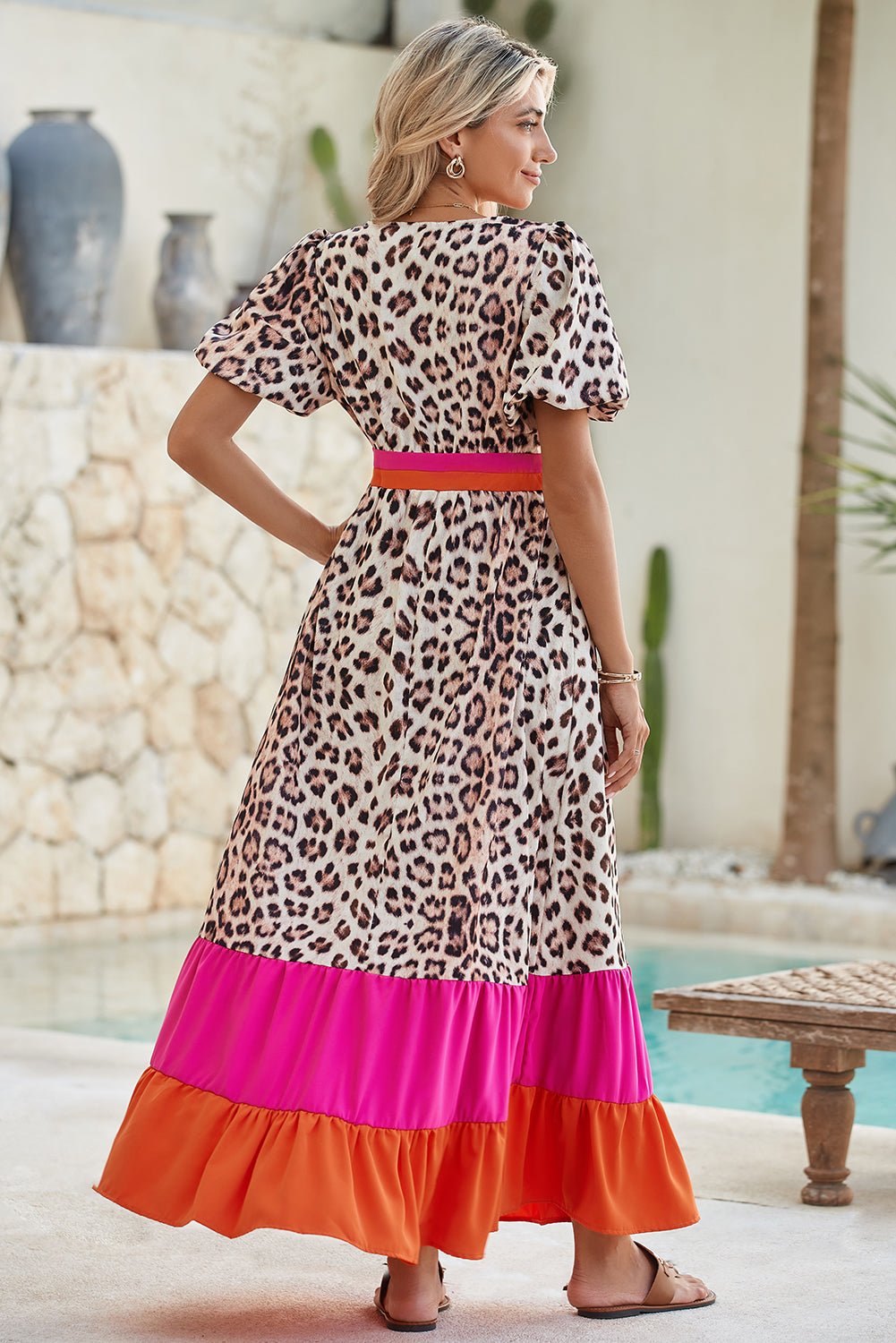 Bright Pink Leopard Print Colorblock Pop of Color Neckline Dress - MAD RUFFI