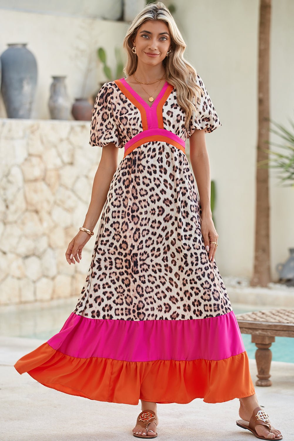 Bright Pink Leopard Print Colorblock Pop of Color Neckline Dress - MAD RUFFI