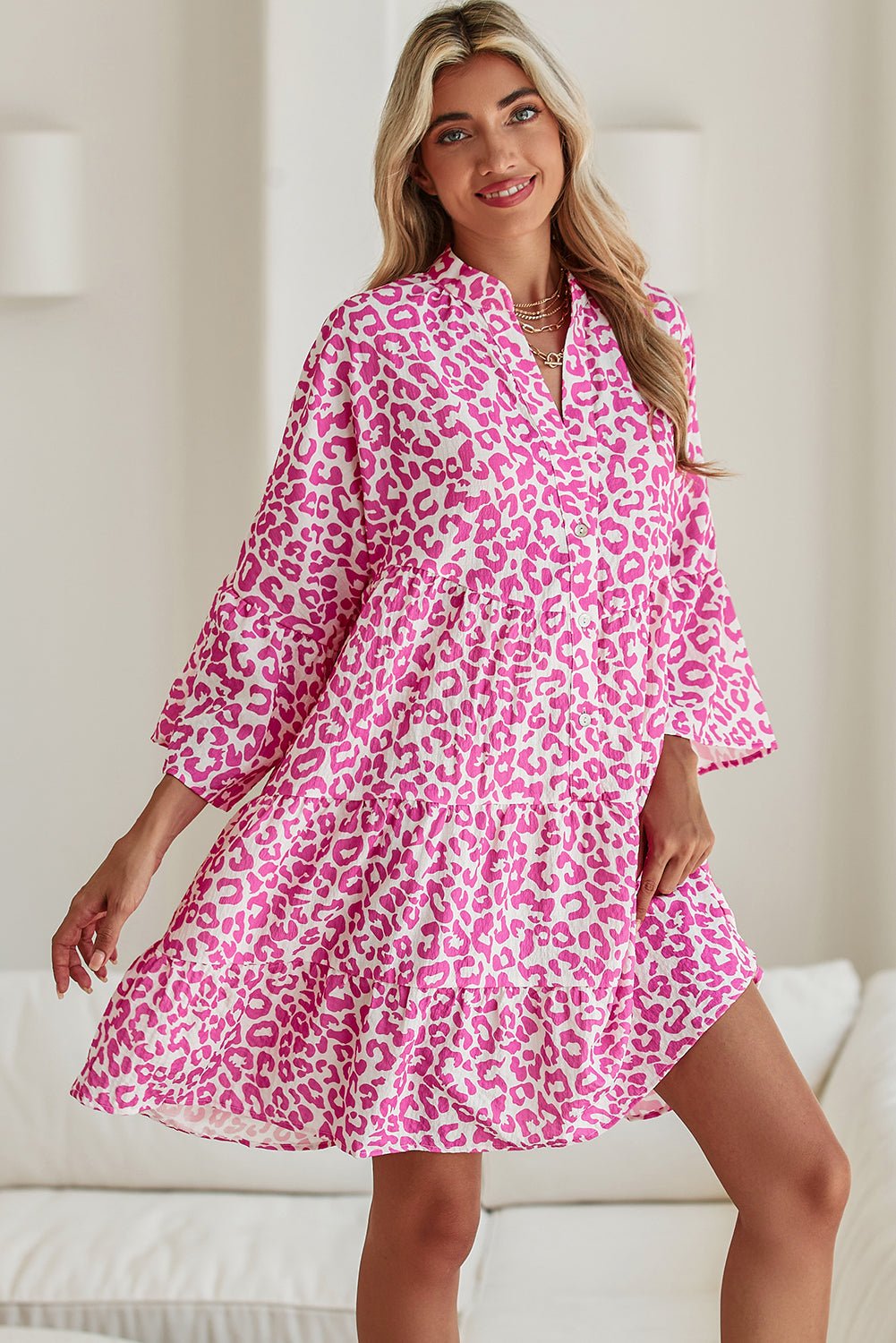 Bright Pink Leopard Print Flounce Sleeve Mini Dress - MAD RUFFI